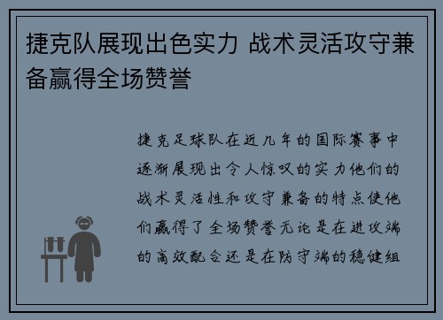 捷克队展现出色实力 战术灵活攻守兼备赢得全场赞誉