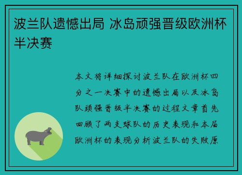波兰队遗憾出局 冰岛顽强晋级欧洲杯半决赛