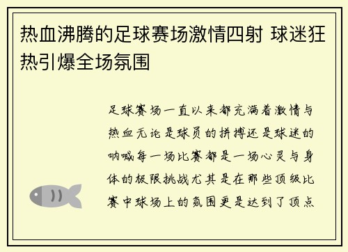 热血沸腾的足球赛场激情四射 球迷狂热引爆全场氛围