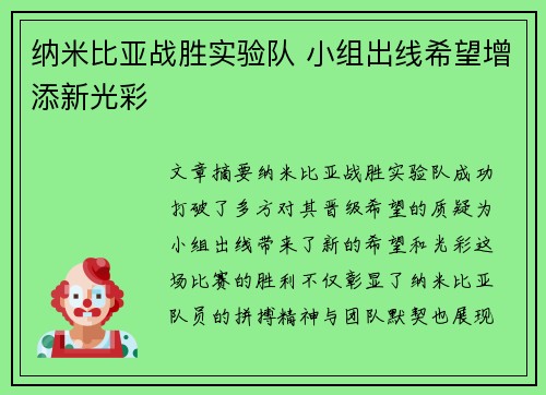 纳米比亚战胜实验队 小组出线希望增添新光彩
