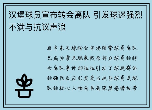 汉堡球员宣布转会离队 引发球迷强烈不满与抗议声浪